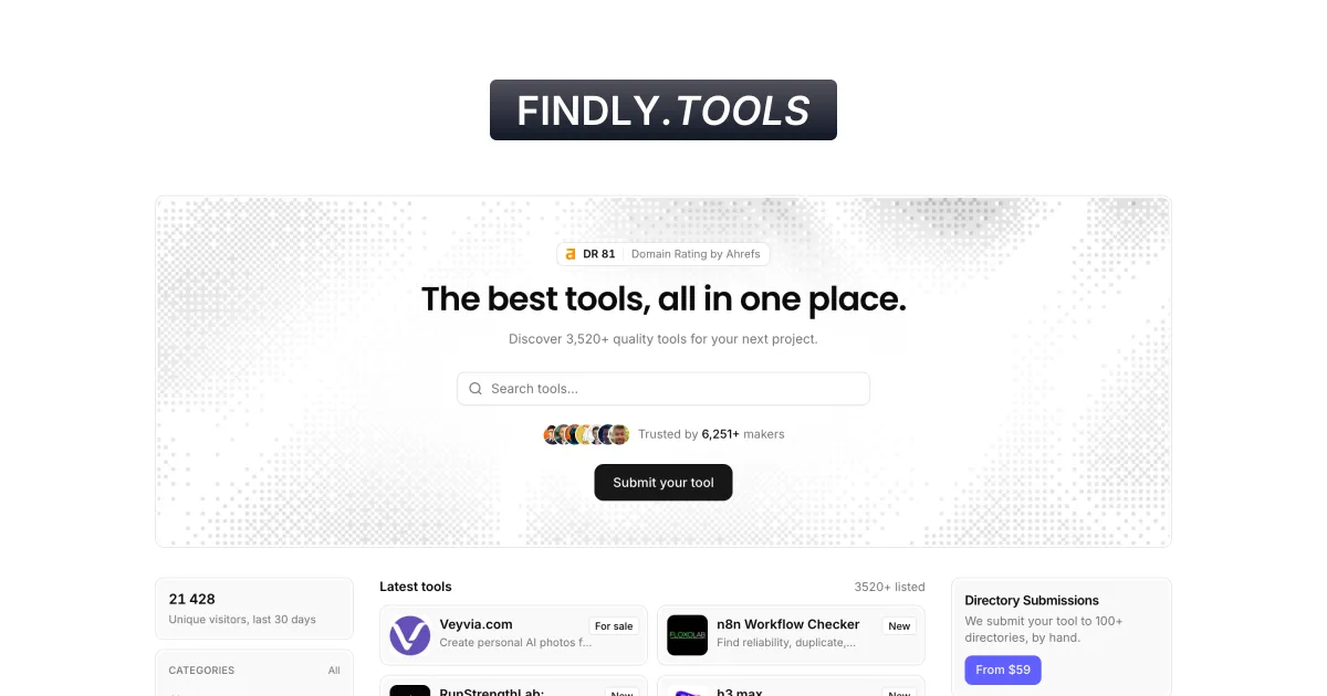 The landing page of findly.tools
